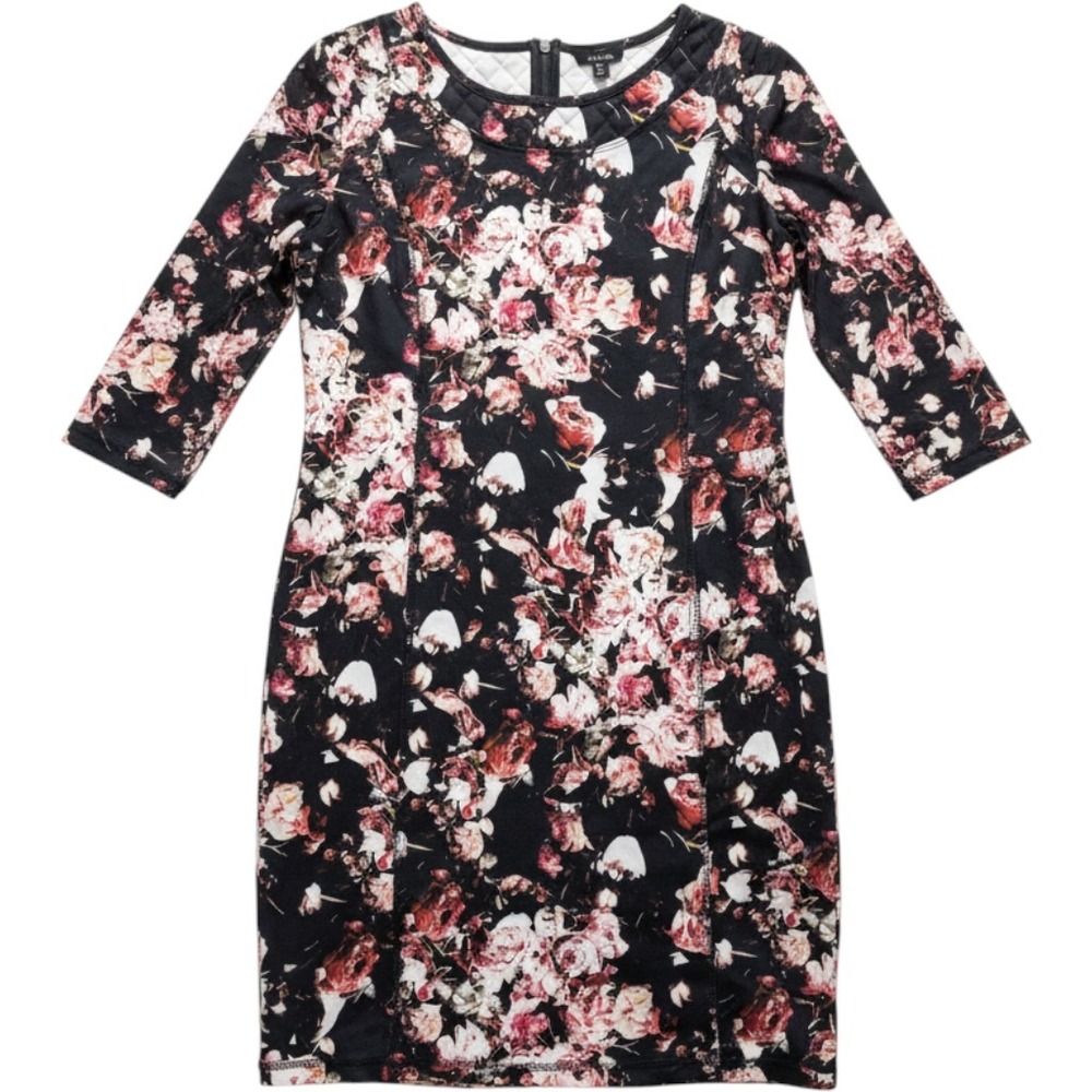 Women's Floral Fitted Quilted Business Dress Black Pink 3/4 Sleeve Large NWT